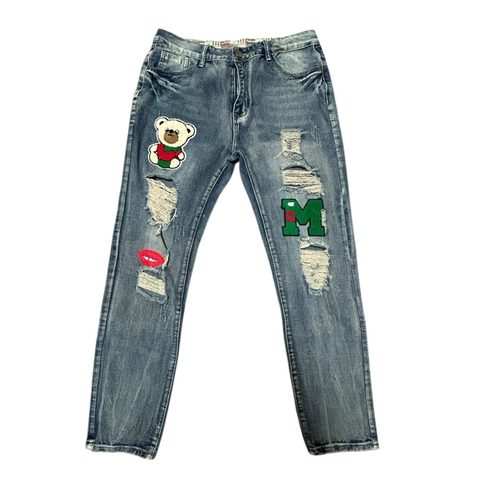 ReminisceMe Jeans Size 36 Inseam 30 Distressed Straight patches ripped Retro Y2K